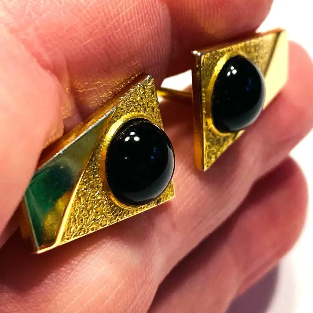 Vintage Mid Century Cufflinks gold & black domed polished stones hallmarked S